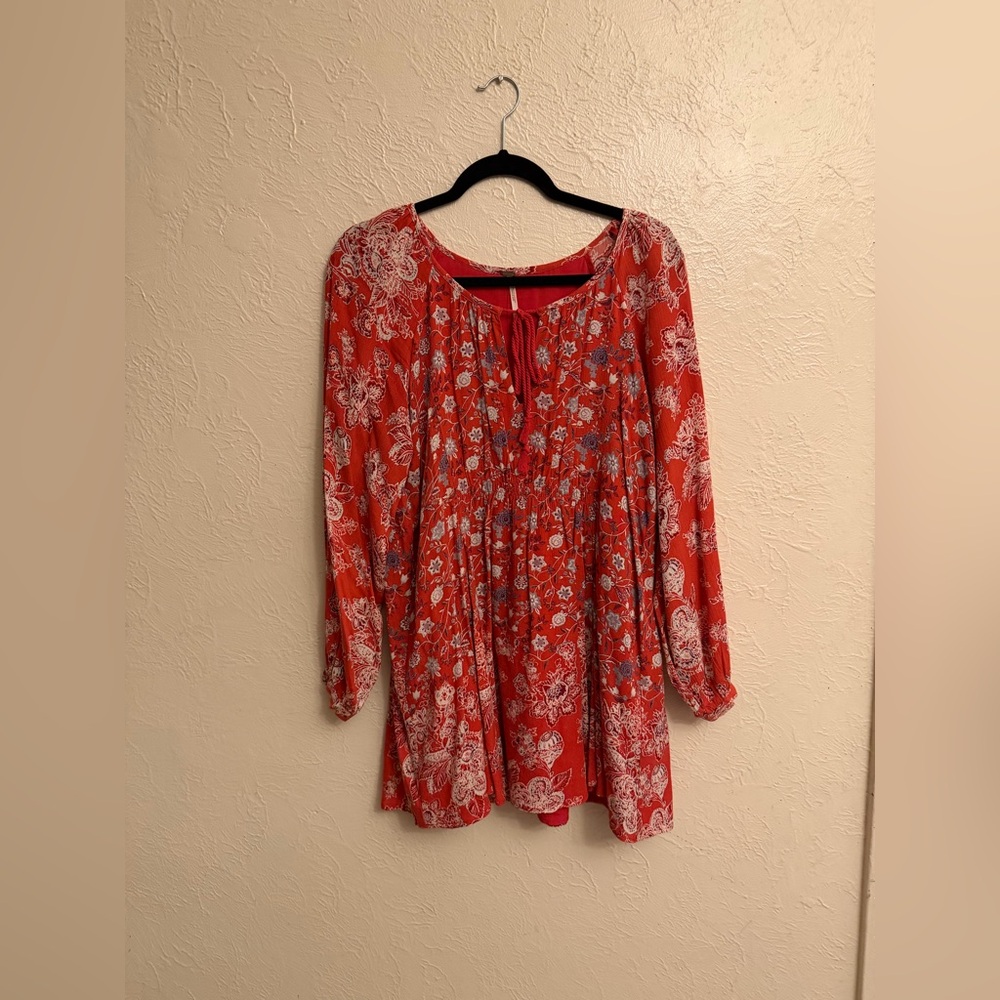 Free People Lucky Loosey‎ Boho Womens Tunic Dress Size xs  Floral Red Flowy - Picture 2 of 7